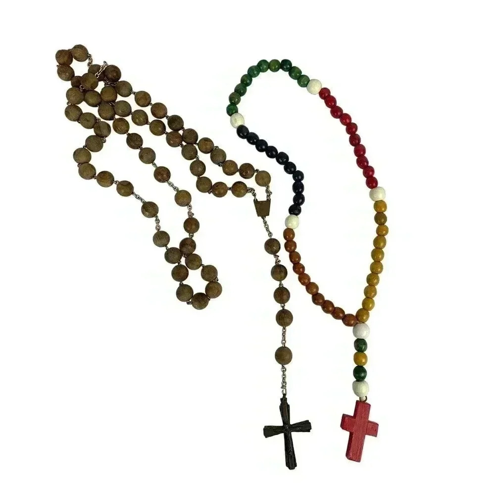 VTG‎ Pair Wooden Rosaries Bronze Colorful